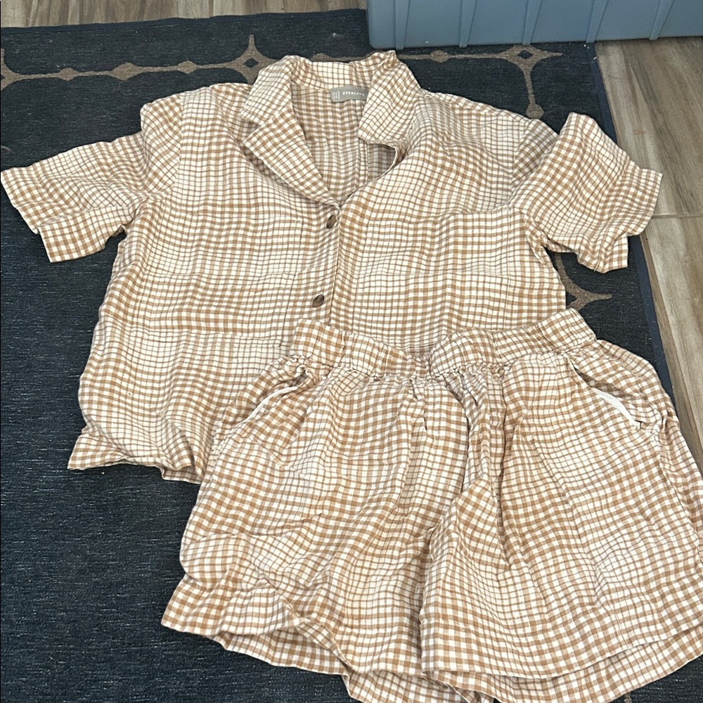 Everlane Women’s Linen Beige Gingham Set - Short Sleeve Button Down Top & Shorts